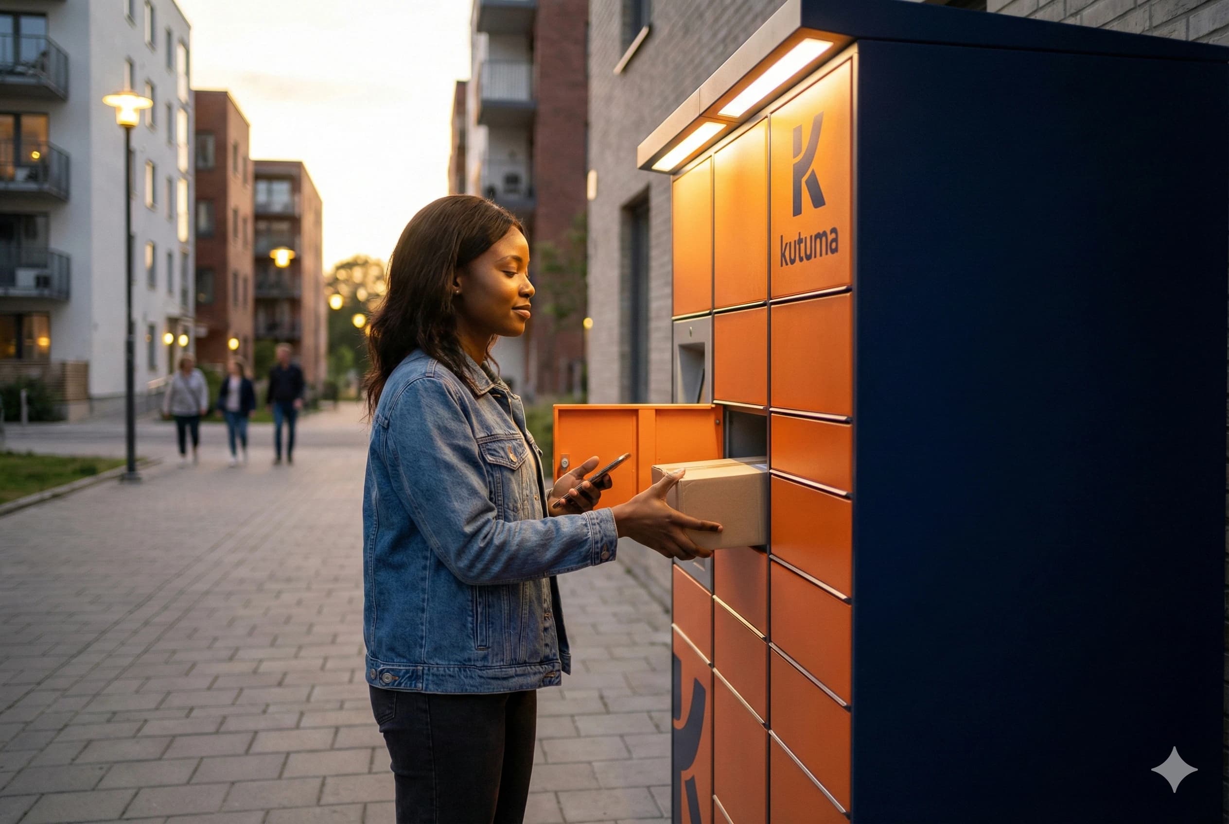 Mulher sorridente a receber uma notificação da KUTUMA no telemóvel