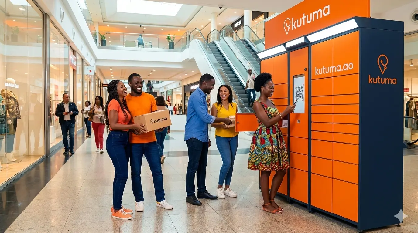 Pessoas felizes a usar os cacifos inteligentes KUTUMA em Luanda